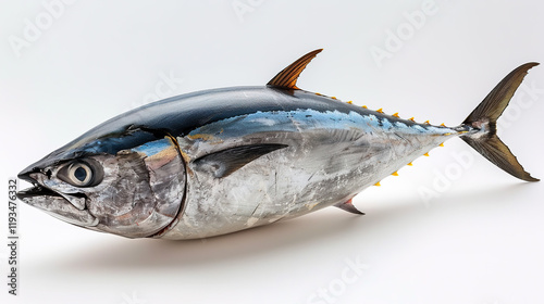 Freshly caught tuna displayed on a white surface showcasing its shiny scales and streamlined body photo