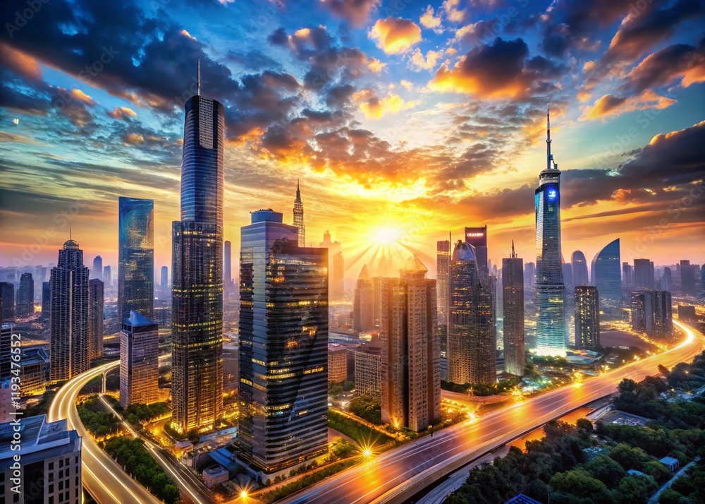 Fototapeta premium Futuristic Cityscape: Financial Technology Landscape at Dawn