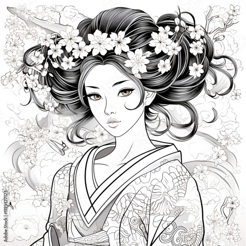 black and white drawing of a geisha