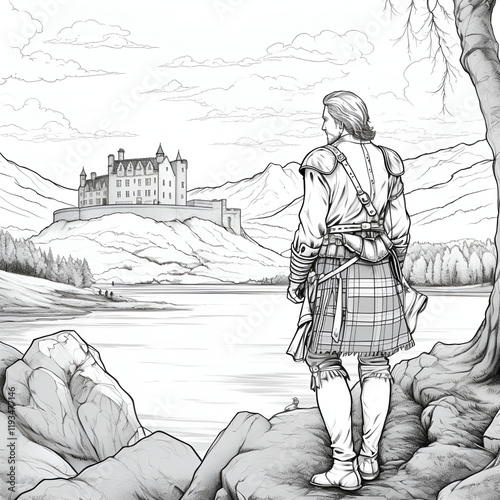black and white drawing Scotswoman in a skirt by the lake