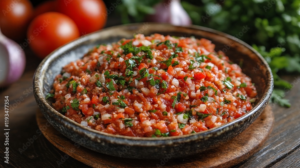A bowl of tabbouleh salad with tomatoes, parsley, bulgur and herbs on a wooden table. A bowl of tabbouleh salad with tomatoes, parsley, bulgur and herbs on a wooden table.