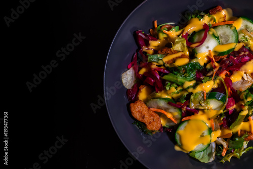 Photos The rich textures and colors of this fresh vegetable salad are enhanced by a drizzle of golden dressing