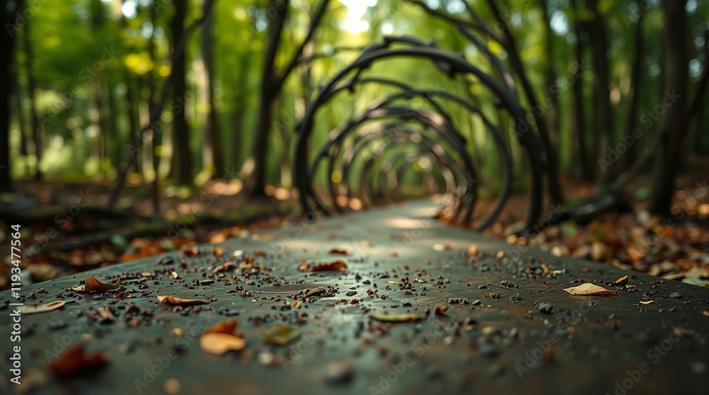 Whimsical metal spiral path winds through a lush green forest, fallen leaves scattered on the ground. Whimsical metal spiral path winds through a lush green forest, fallen leaves scattered on the ground.