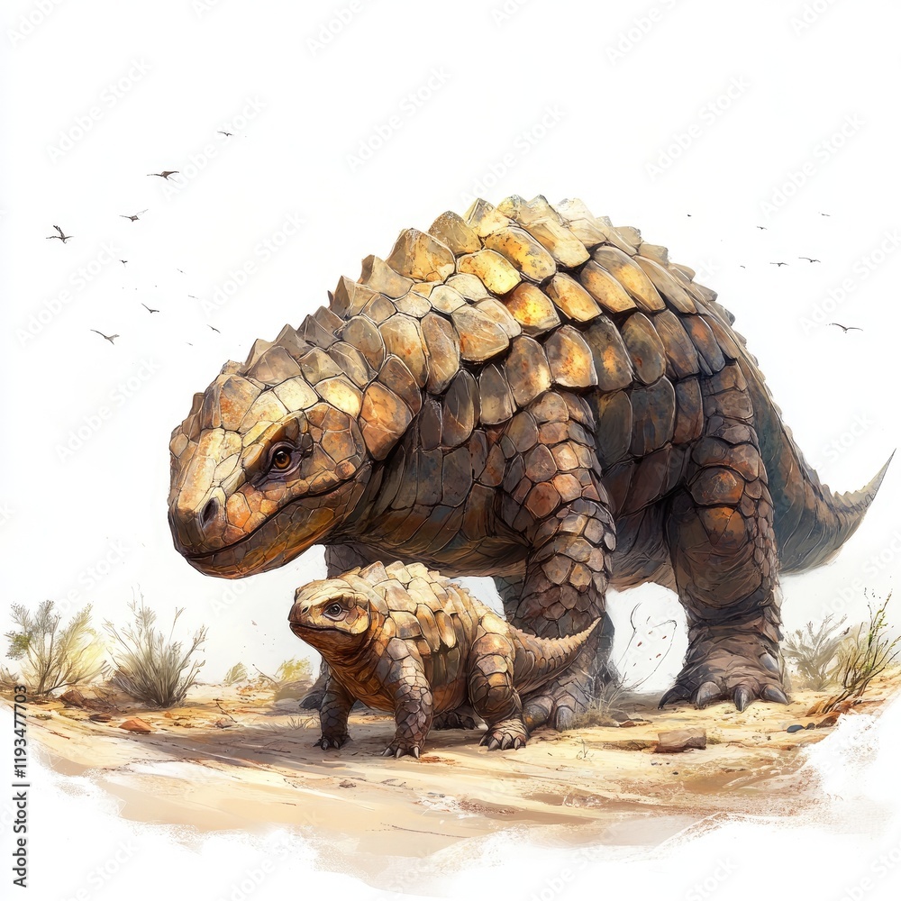 Obraz premium Illustration of Two Armored Dinosaurs in a Desert Landscape with Birds in the Sky