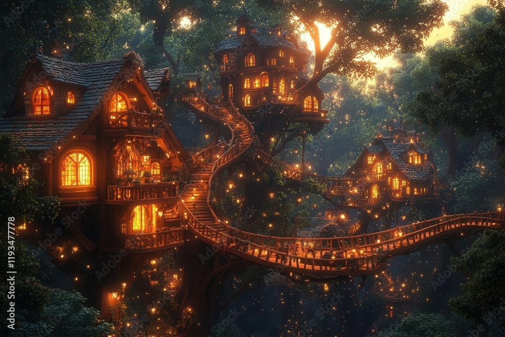 Naklejka premium treehouses suspended among vibrant, oversized trees, with interconnected bridges and whimsical architecture, creating a fantastical cityscape against a twilight sky filled with sparkling stars
