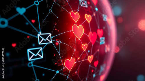 Digital Love message, glowing digital envelope with hearts on dark futuristic background, Valentine's day concept.