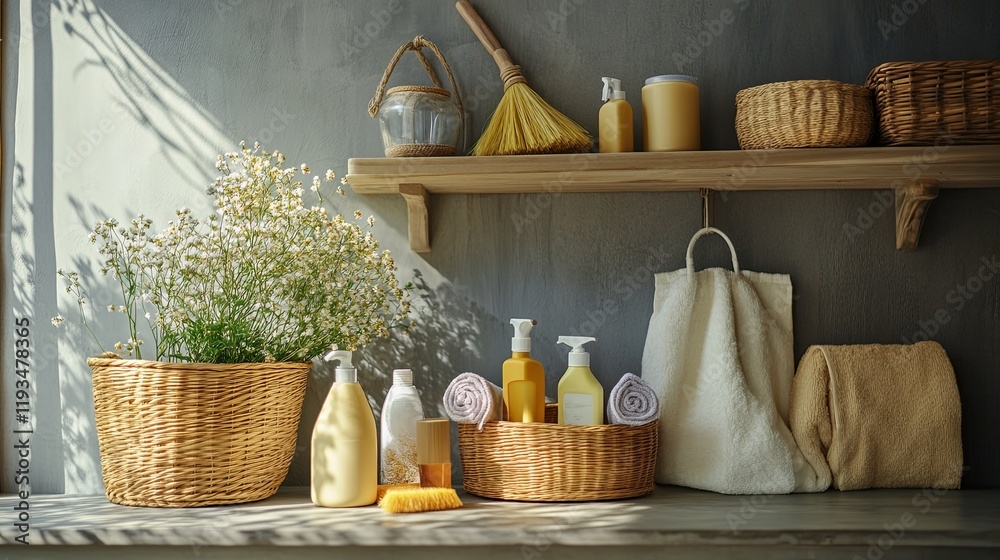 Fototapeta premium A cozy spring cleaning station with eco-friendly detergents and tools