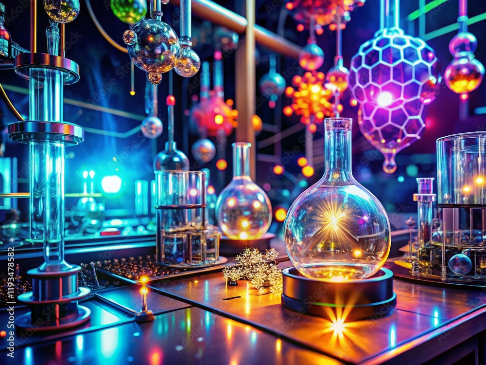 Fototapeta premium Futuristic Lab: Glowing Molecular Structures & Advanced Tech in Vibrant Digital Environment