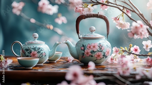 A cozy spring tea ceremony with porcelain teapots and blooming cherry blossoms photo