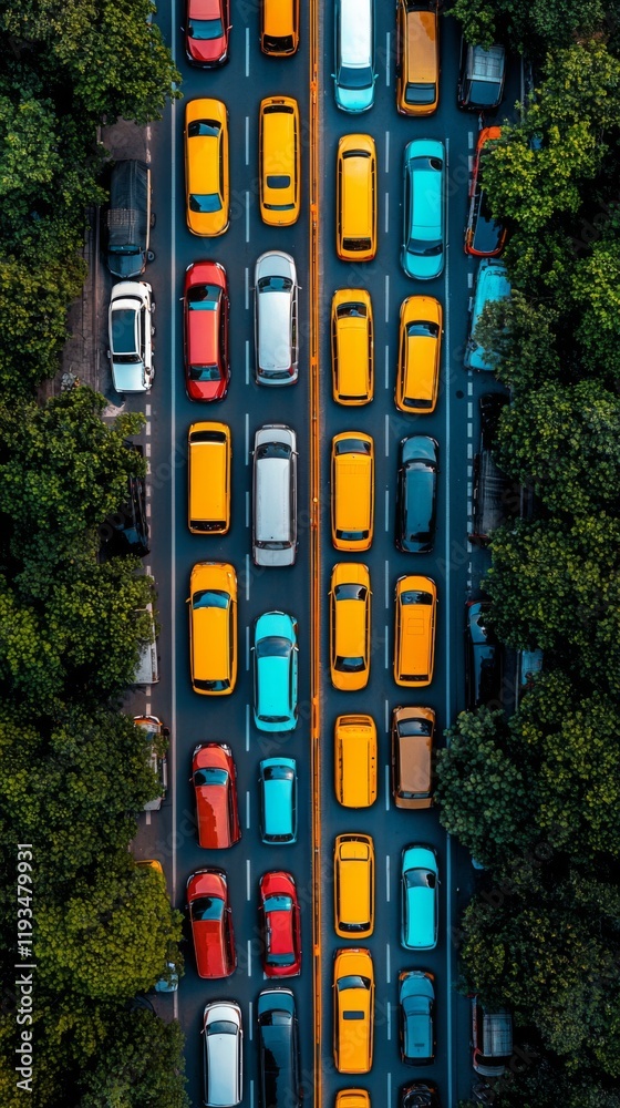 Obraz premium Traffic congestion on a busy urban road with colorful vehicles during daytime