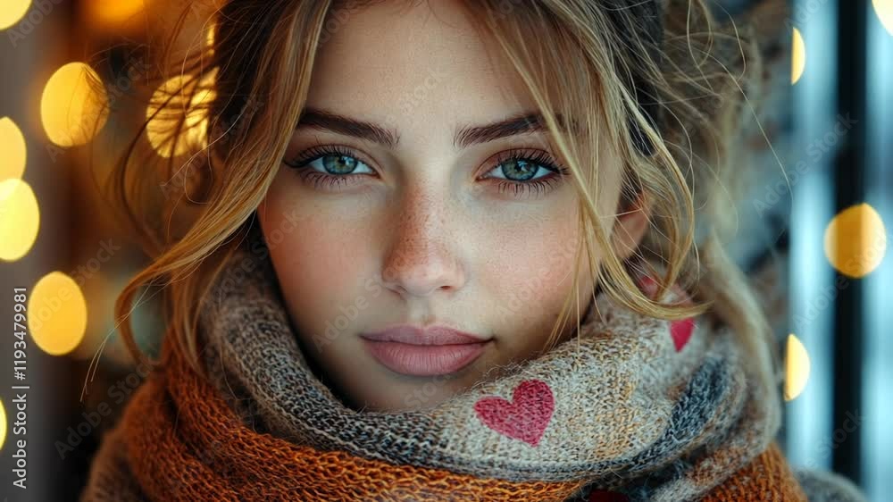 Close up static shot: A woman with freckles and a scarf looks at the camera. Close up static shot: A woman with freckles and a scarf looks at the camera.