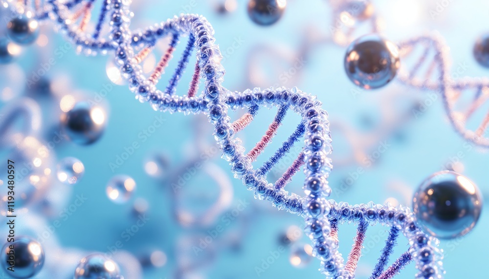 Molecular structures, DNA helixes, transparent capsules, and metallic spheres in a futuristic biotech setting, 3D render, soft lighting, ultra-detailed, 8K resolution Molecular structures, DNA helixes, transparent capsules, and metallic spheres in a futuristic biotech setting, 3D render, soft lighting, ultra-detailed, 8K resolution