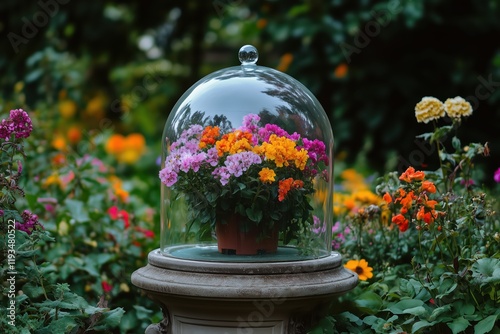 Glass Dome Protecting Vibrant Flowers in Lush Garden Symbolizing Isolation and Protection in Mental Health