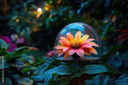 Nighttime Garden Scene Showcasing a Protected Flower in a Dome Lighting Up the Darkness