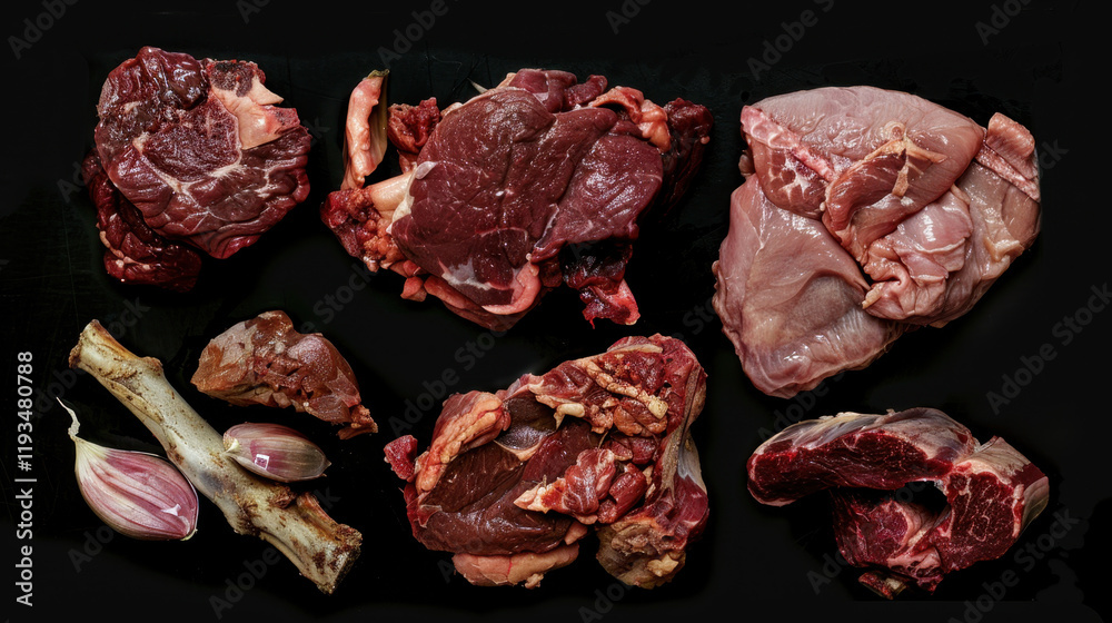 collection of raw meat on black background collection of raw meat on black background