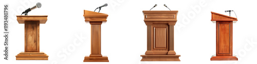 Collection of Blank wood podiums or speech lectern stand with microphone isolated on white or transparent background