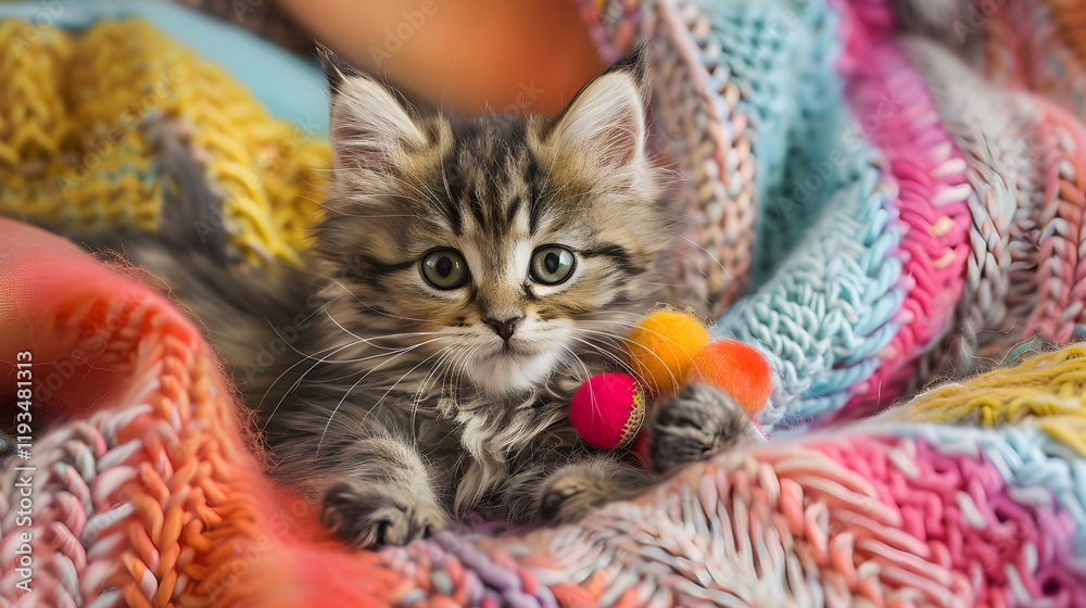 Adorable Fluffy Kitten Nestled in Cozy Blanket with Playful Toys, Exuding Curiosity and Warmth Adorable Fluffy Kitten Nestled in Cozy Blanket with Playful Toys, Exuding Curiosity and Warmth