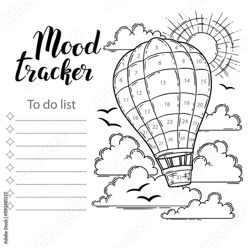 Mood tracker blank with hand drawn lettering and balloon sketch. Bullet journal or monthly planer template. Printable organizer, diary, planner for important goals