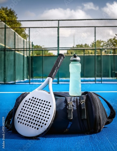 Generated image An image of a padel racket resting on a sport bag with a water bottle and towel on the court