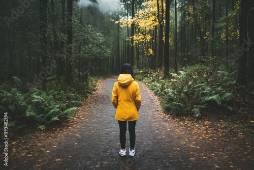 Solitary Figure in Yellow Raincoat Walking Through Misty Forest Symbolizing Mental Health Journey