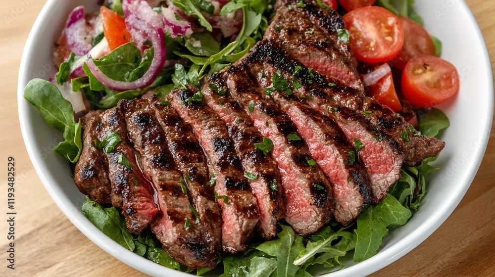 A grilled steak salad with arugula and red onion. A grilled steak salad with arugula and red onion.