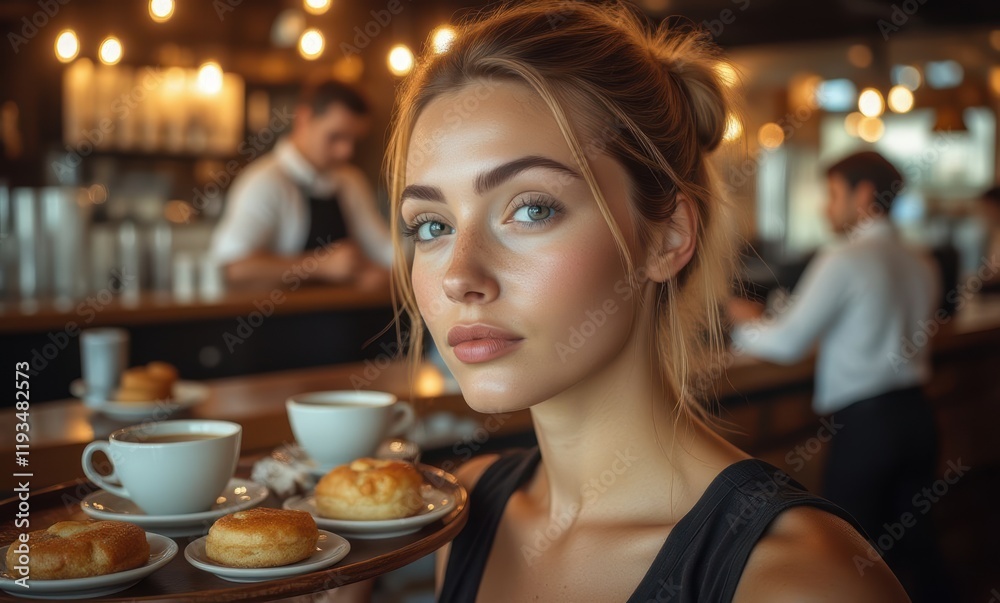 Young woman serving coffee and pastries Young woman serving coffee and pastries