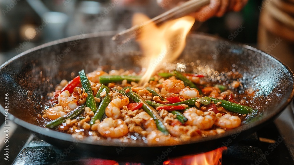A person is cooking shrimp and vegetables with tongs.