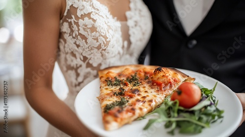 Bride and groom share a pizza slice wedding day photo