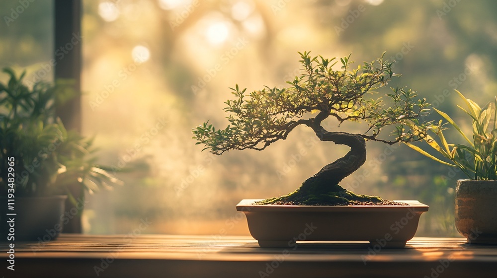 Serene Bonsai Tree Basking in Golden Sunlight Serene Bonsai Tree Basking in Golden Sunlight