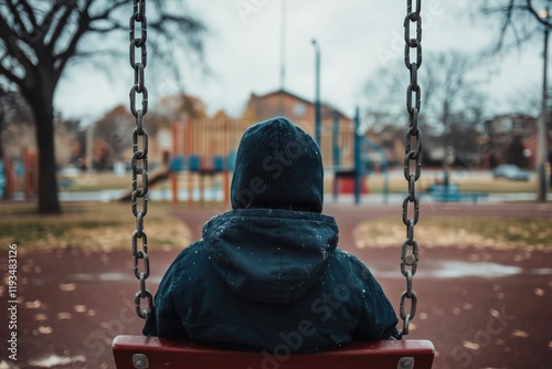 Lonely Child Sitting on a Swing in Winter Portraying Feelings of Isolation and Depression