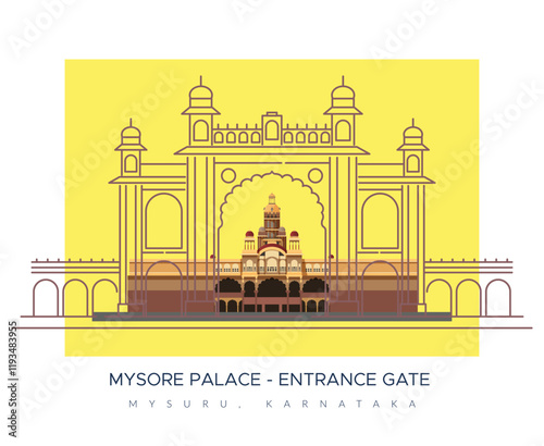 Entrance Gate to Mysore Palace - Amba Vilas Palace -Mysuru, Karnataka - Stock Illustration