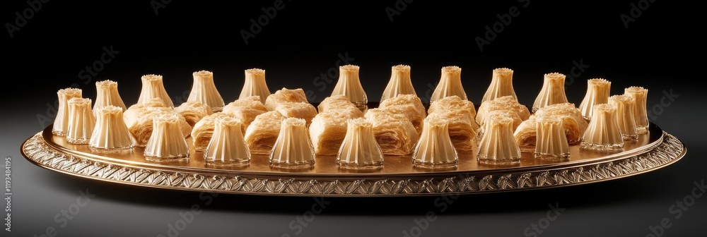 Naklejka premium Sweet treats on golden tray, dark background. Food photography