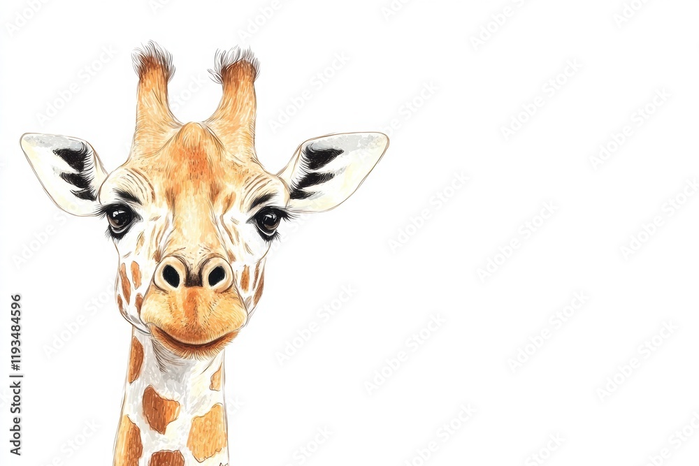 Fototapeta premium Illustration of a smiling giraffe with detailed features and soft colors in a serene, white background environment. Generative AI