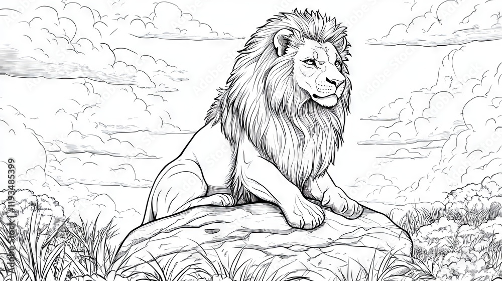 Obraz premium Lion Sitting on a Rock - Coloring Book Page for Children