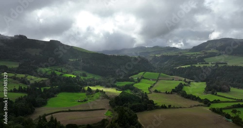 Landscape of the Azores, grassland, mountain volcanic island in the atlantic ocean. photo