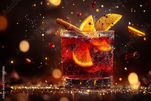 An artistic representation of mulled wine with dynamic splashes and flying ingredients, set against a dark background that emphasizes the drink's vibrant energy. photo