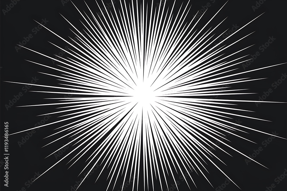Black and White Starburst Illustration with Radiating Lines, Symmetrical Design, and Depth Effect on a Black Background Black and White Starburst Illustration with Radiating Lines, Symmetrical Design, and Depth Effect on a Black Background