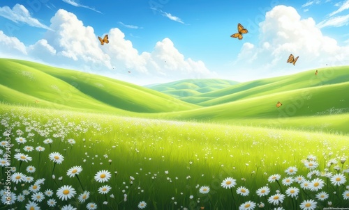 Vibrant spring meadow with butterflies