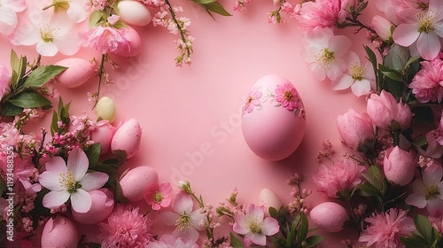 Pink and white flowers and pink eggs on pink background. photo