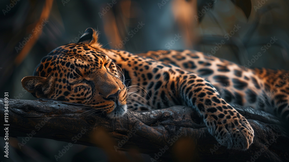 A close-up of a leopard resting on a branch in Kruger National Park, positioned on the left with blurred forest foliage softly framing the subject A close-up of a leopard resting on a branch in Kruger National Park, positioned on the left with blurred forest foliage softly framing the subject