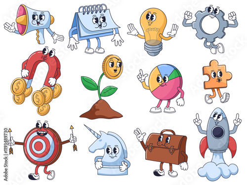 Startup mascots. Cartoon business characters of megaphone, calendar, idea light bulb, gear, money magnet, coin plant, pie chart, puzzle piece, target, unicorn, briefcase and rocket launch vector set.