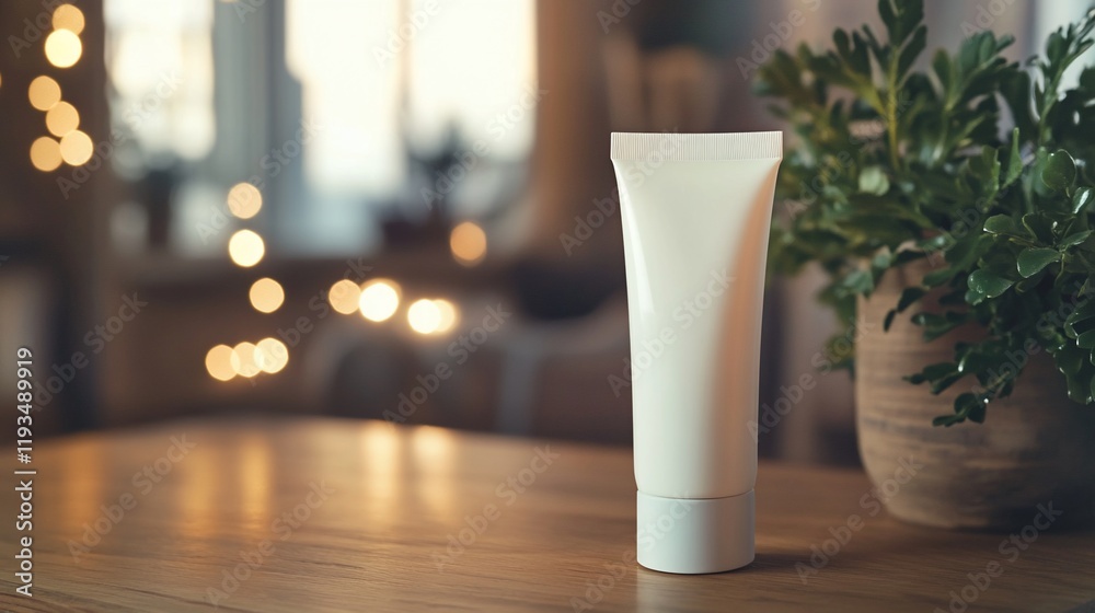 White Cosmetic Tube On Wooden Table With Bokeh Background White Cosmetic Tube On Wooden Table With Bokeh Background
