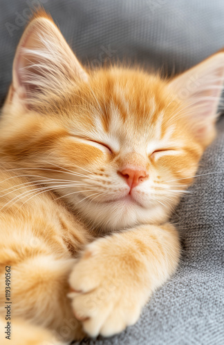 A cute yellow cat is sleeping on the sofa