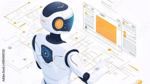 A robot is interacting with a computer screen displaying various graphs and charts. photo