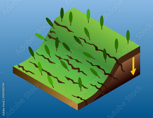 Seismic activity diagram. Vector isometric Earth crust compression, shear and tension stresses. Earthquake natural disasters concept for educational poster, scientific infographic, presentation