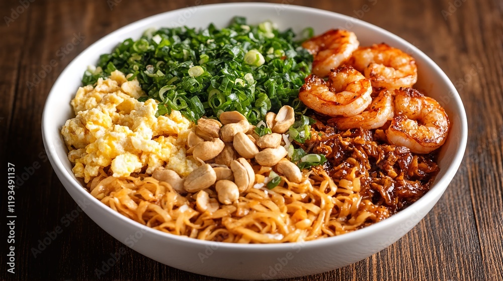 A bowl of noodles with shrimp and vegetables on top. A bowl of noodles with shrimp and vegetables on top.