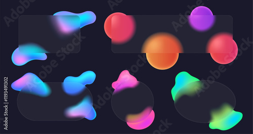 Glassmorphism frames. Translucent glass panels with colorful fluid shape gradient and blurry overlay effect. Semi transparent backgrounds with fluid design elements vector set.