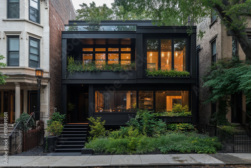 Passive house design innovation and sustainability technology efficiency materials. A modern passive house design in an urban environment with smart features.