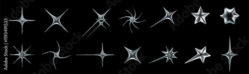 Liquid chrome star icons. Shiny starburst shapes, metallic Y2K spark, retro futuristic glossy 3D stars with liquid metal effect isolated vector elements set.