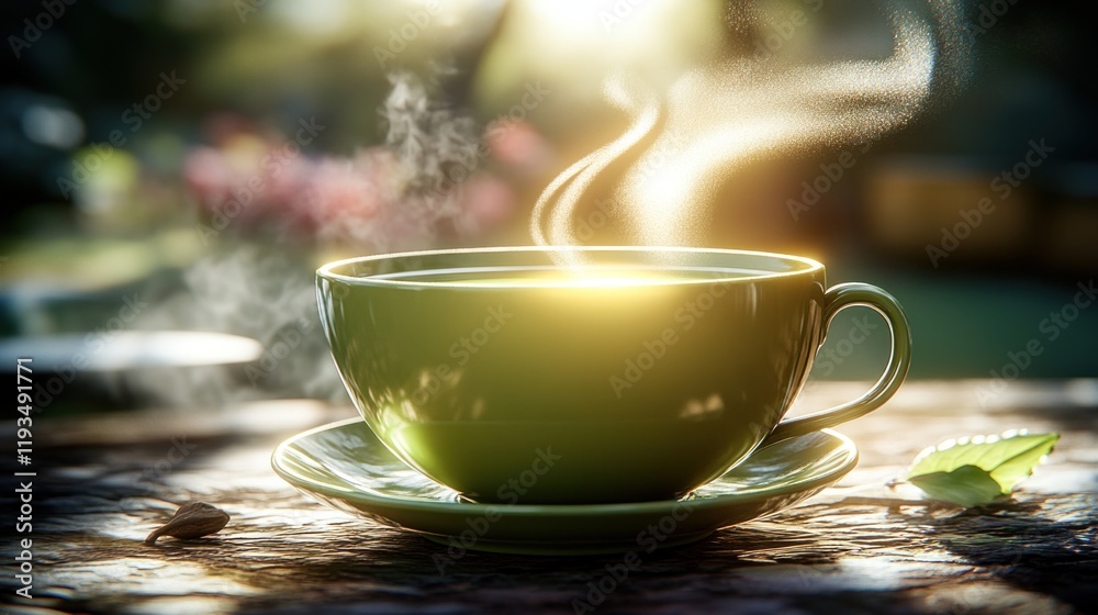 Fototapeta premium A Serene Steaming Cup of Tea Set Against a Lush Sunlit Garden Backdrop